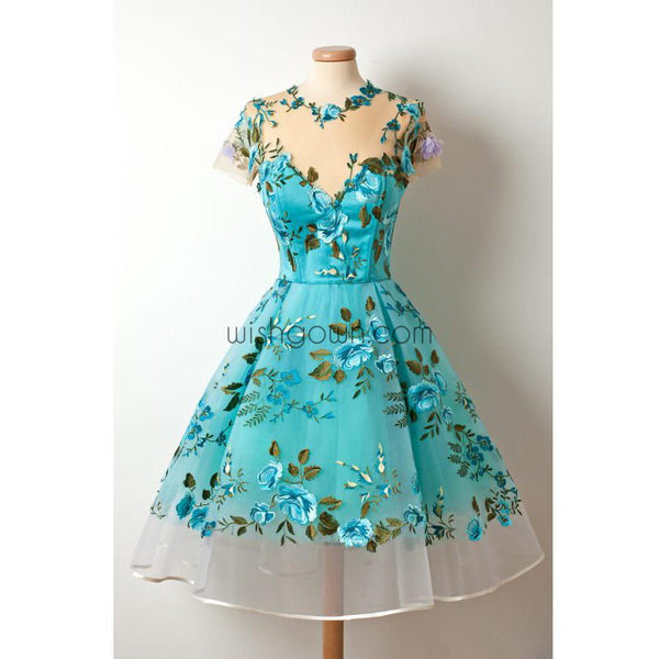 Short Sleeves Unique Applique Blue Short Homecoming Dresses, WG804 ...