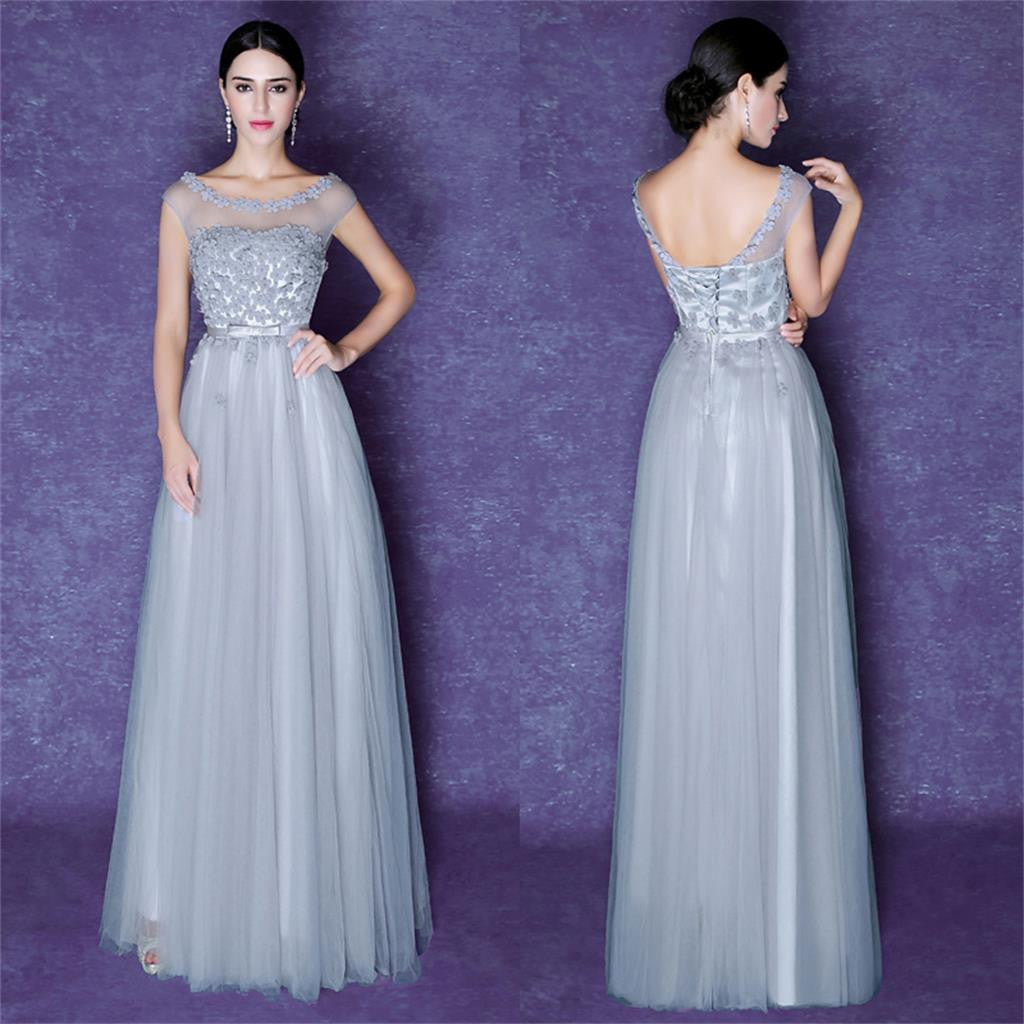 Tulle Scoop Gray Beautiful Cheap Bridesmaid Party Evening Long Prom Dr ...