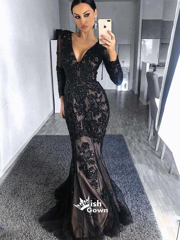 Black Mermaid Long Sleeves Tulle Applique Long Prom Dresses, SG161 ...