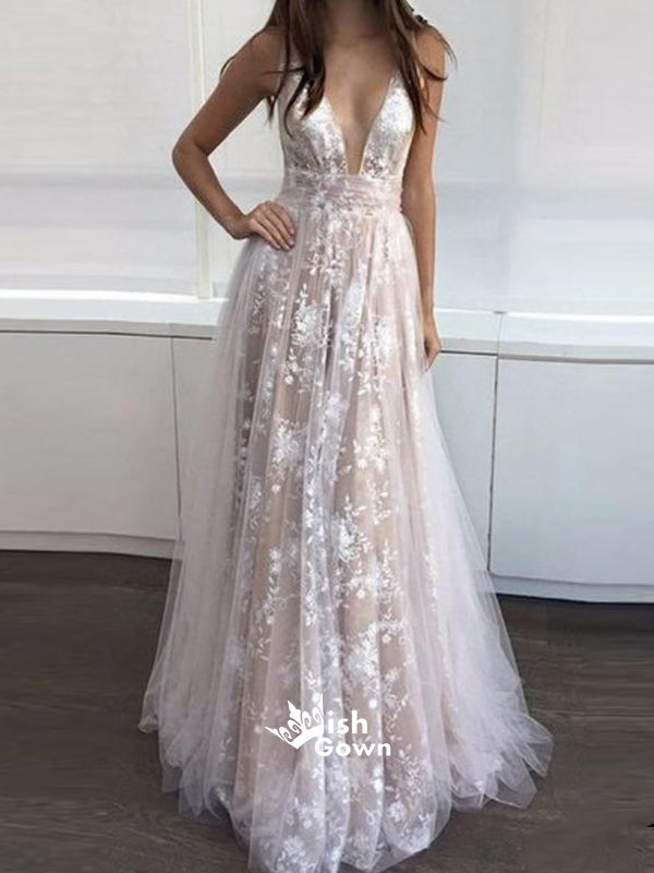 Most Popular Deep V Neck Sexy Applique Tulle Long Prom Dresses, WG744 ...