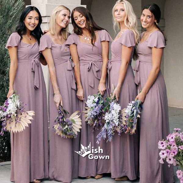 Square Collar Purple Chiffon A-line Floor-Length Wedding Party Bridesm ...