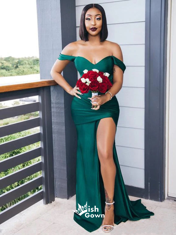 Mismatched Emerald Green Mermaid Soft Satin Long Slits Bridesmaid Dres ...