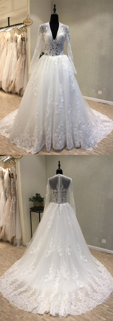 Long Sleeves Modest Small V Neck Lace Cheap Long Wedding Dresses, WG12 ...