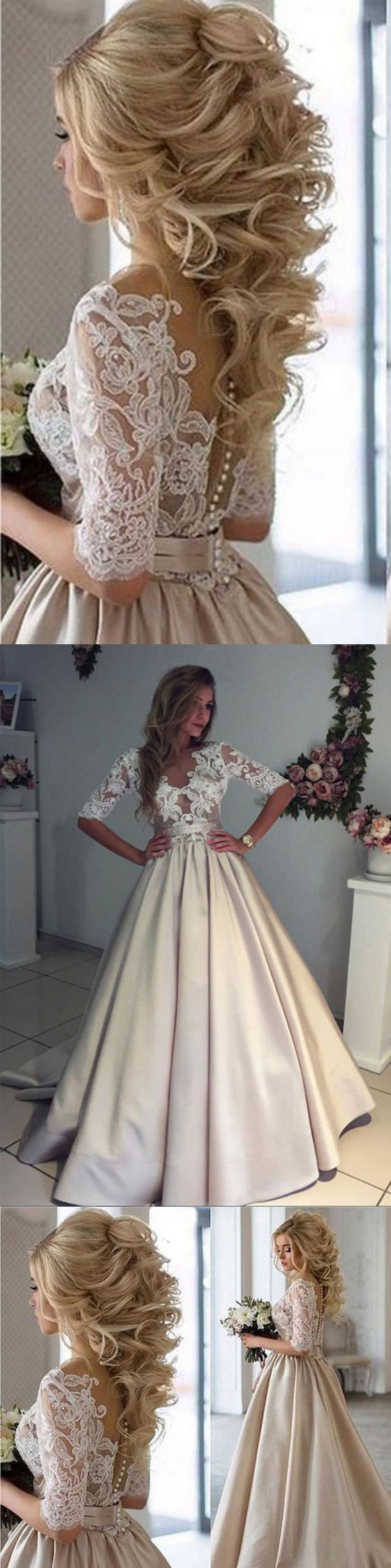 Half Sleeves Lace Top Satin Eleagnt Bridal Long Wedding Dresses, WG124 ...