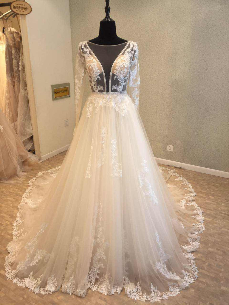 Beautiful Long Sleeves V Back Tulle Applique Affordable Long Wedding D ...