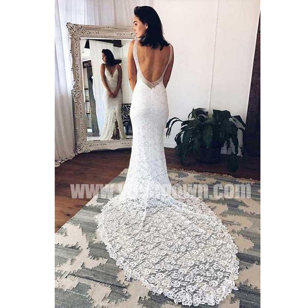 Open Back Mermaid Lace Split Elegant Inexpensive Long Wedding