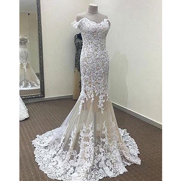 Off the Shoulder Lace Mermaid Elegant Affordable Long Wedding Dress, W ...