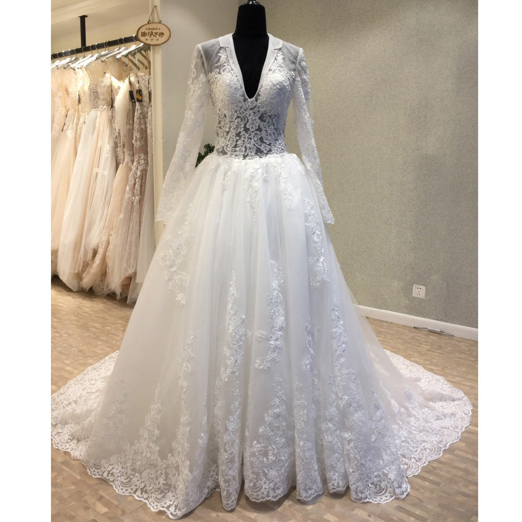 Long Sleeves Modest Small V Neck Lace Cheap Long Wedding Dresses, WG12 ...