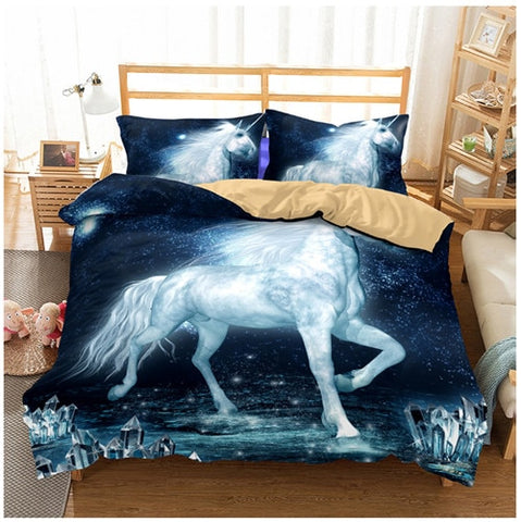 3d Crystal Blue Unicorn Bedding Set Queen Watercolor Print Bed