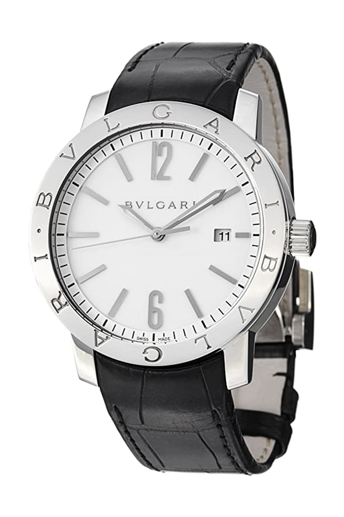 bvlgari automatic black dial black leather men's watch