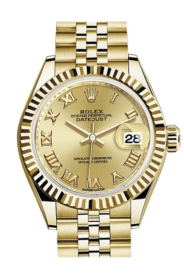 ROLEX 279178 Datejust 28 Champagne Roman Dial Fluted Bezel Ladies Watch ...