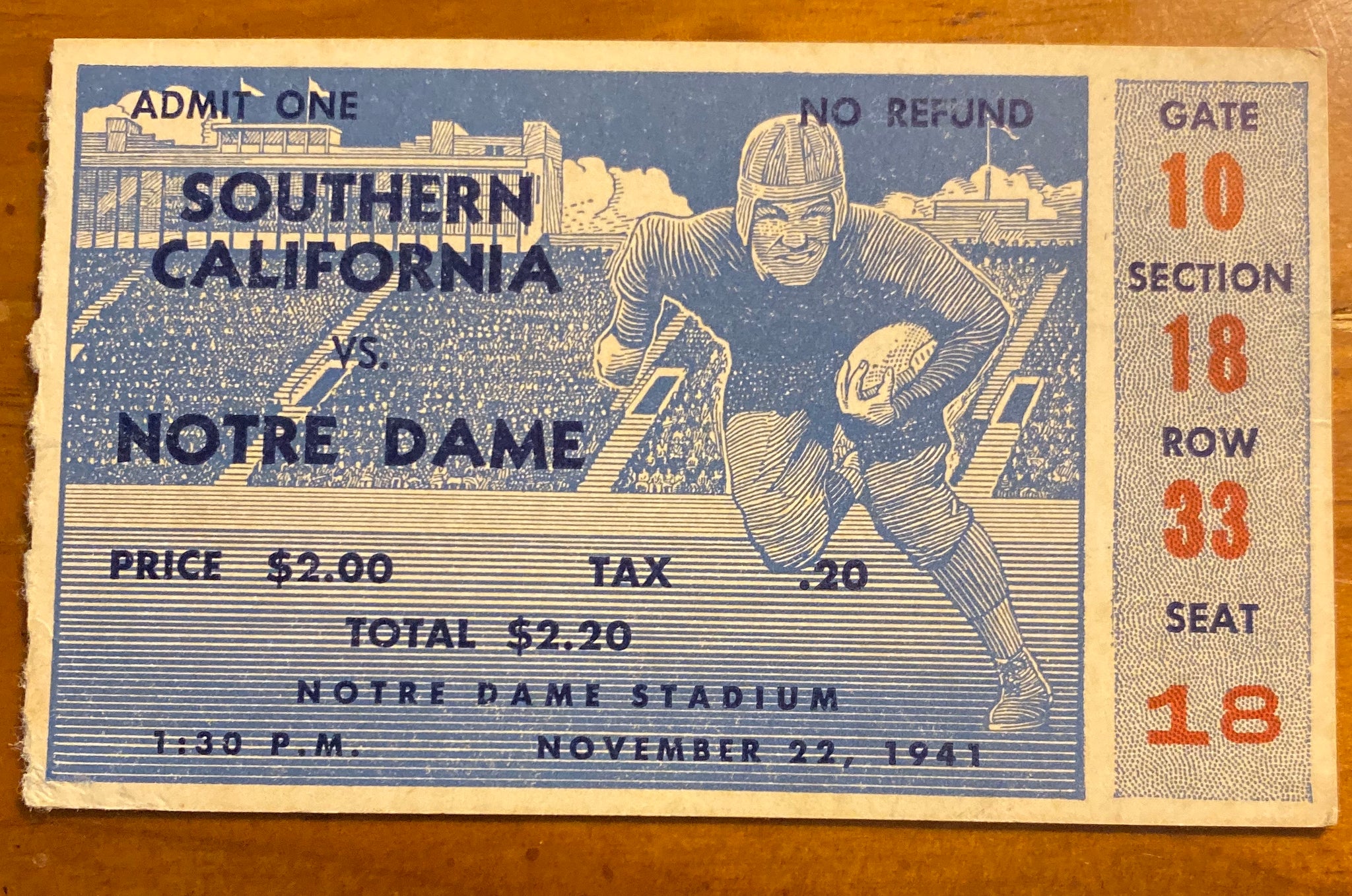 1941 USC vs Notre Dame Football Ticket Stub Vintage Indy Sports