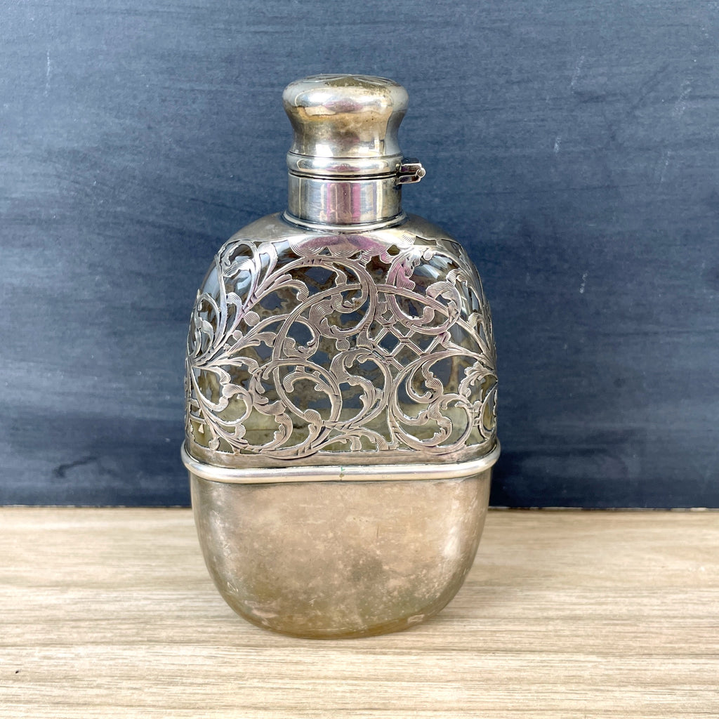 Antique silver overlay art nouveau flask with cup - 5.5