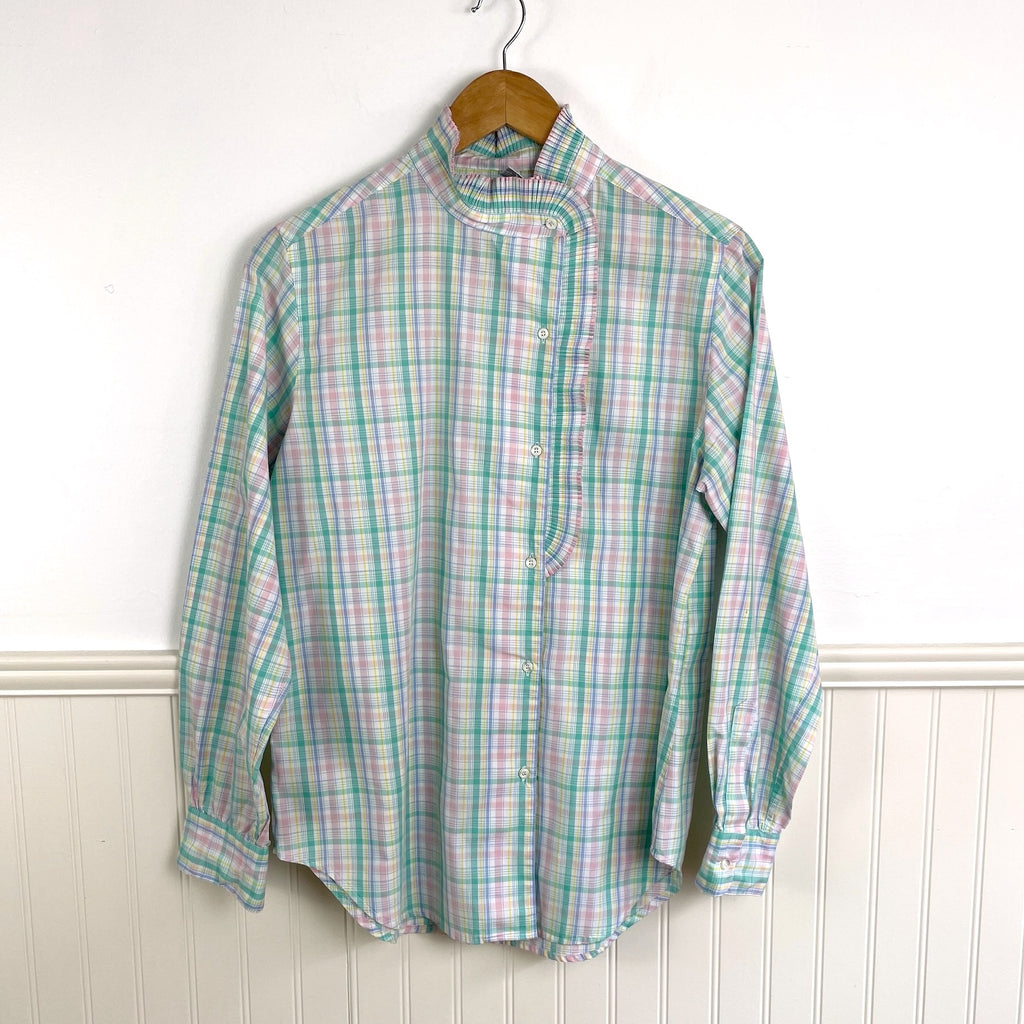 1980s Andrew Harvey asymmetrical pastel plaid blouse - size L ...
