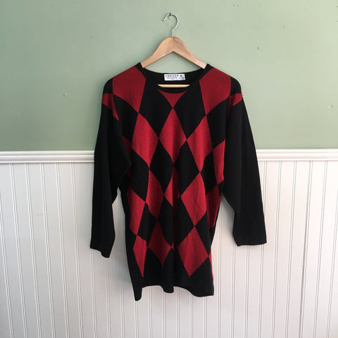 Argyle poncho - 1960s pullover - scarlet red and cobalt blue - size ...