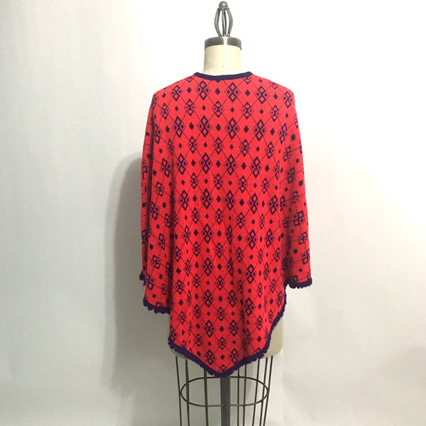 Argyle poncho - 1960s pullover - scarlet red and cobalt blue - size ...