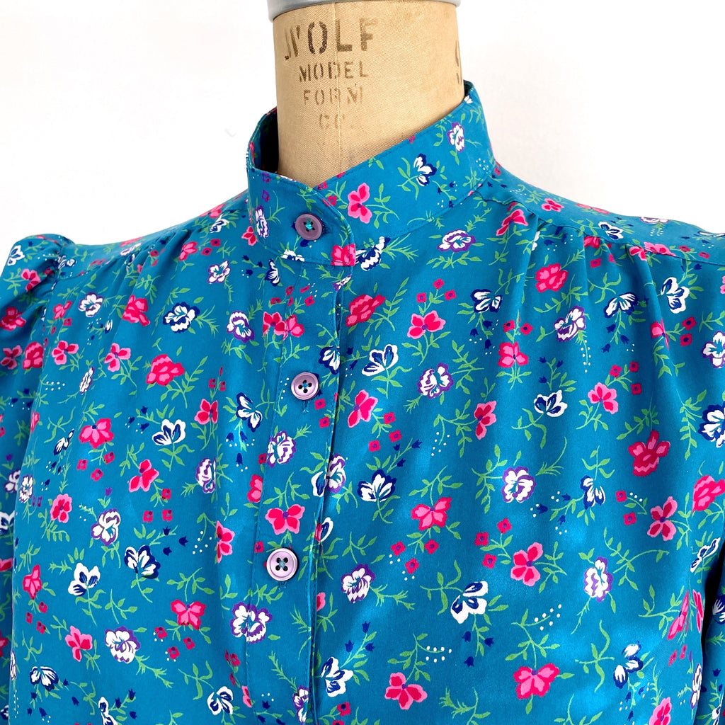 1970s cerulean blue floral dress with elastic waist - The Talbots ...