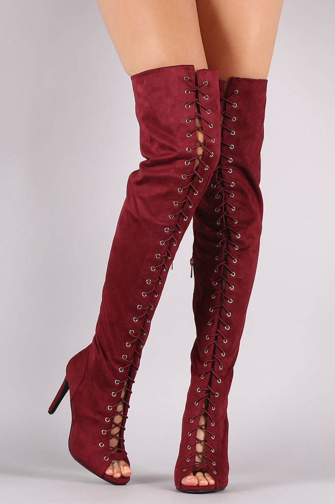 peep toe lace up thigh high boots