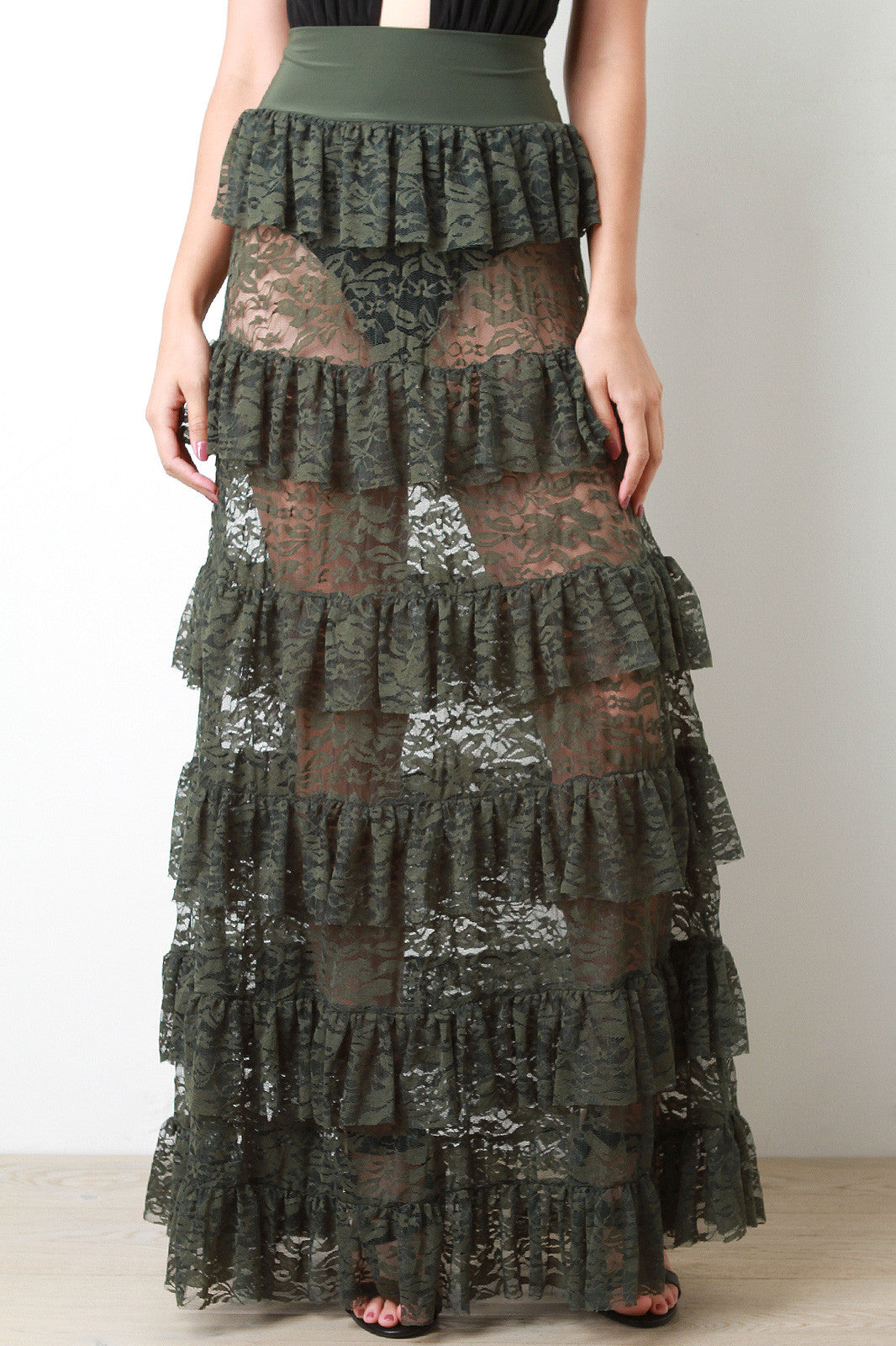 Semi-Sheer Floral Lace Ruffle Tier Maxi Skirt – REGINA FAB