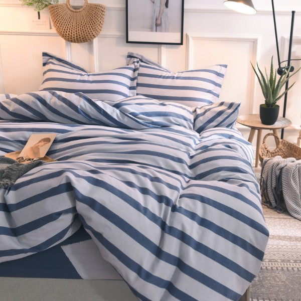 Quilt Cover Bedding Striped Navy Block 4 Piece Set