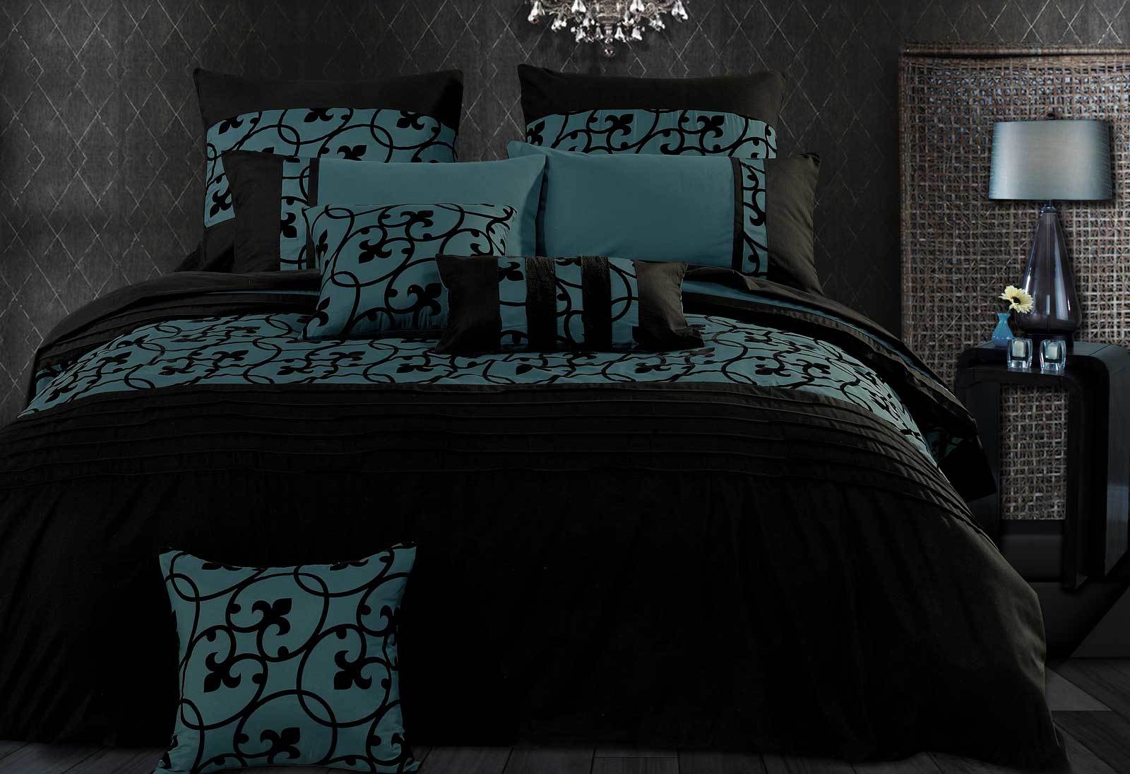 Queen Size Dark Teal Black Flocking Quilt Cover Set 3pcs