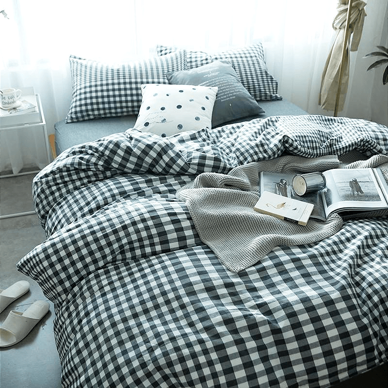 Gingham Check 4pce Black Bed Quilt Covers Online Set Free Delivery