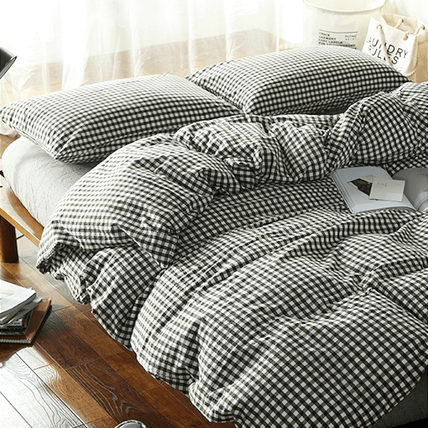 Quilt Cover Set Gingham Black White 4pce Bonus Bed Sheet