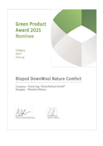 Grüezi bag Schlafsäcke nominiert für den Green Product Award 2021