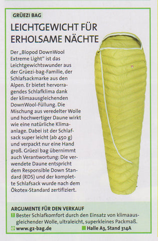 outdoor markt issue Jan2019 page 58-Biopod DownWool Extreme Light 185-gruezi-bag sleeping bag