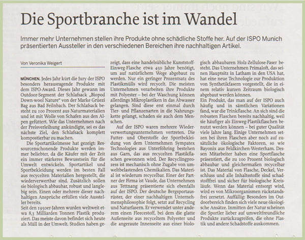 Wirtschaftszeitung-Edition n° 3-Mars 2019-ISPO 2019-Sac Gruezi-Biopod DownWool Nature-Articles-L'industrie du sport change