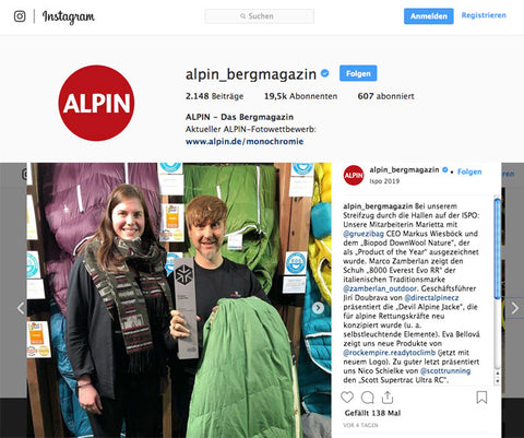 Bergmagazin ALPIN - Instagram - ISPO 2019 - gruezi bag - sleeping bag - Biopod DownWool Nature