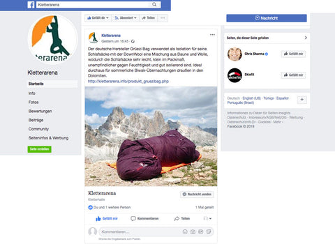 arène d'escalade-Facebook post Jan2019-gruezi bag-Schlafsack-Biopod DownWool Subzero 175