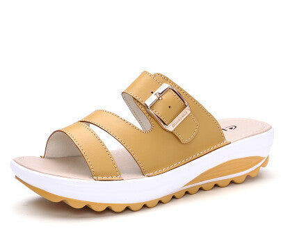 SUNROLAN Newest Genuine Leather Women Slippers Buckle Platform Sandals Slip-resistant Wedges Sandals