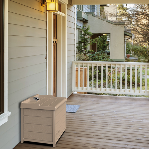 Tan BenchSentry Package delivery box outside on a porch