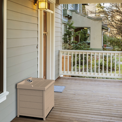 Tan BenchSentry package delivery box shown outside on a porch