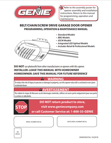 Chain_Belt Genie Garage Door Opener Owners Manual