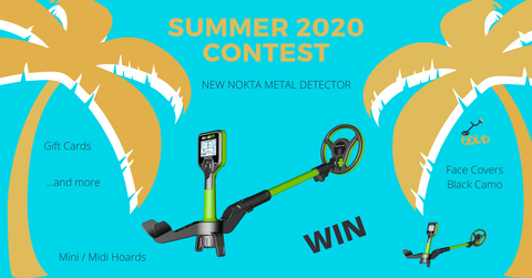 Contest announcement displaying two green Nokta Mini Hoard metal detectors and more.