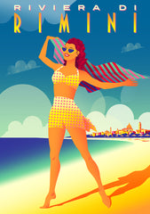 Ilustración de una mujer de pie en la playa de la costa del Adriático en Rimini, Italia.