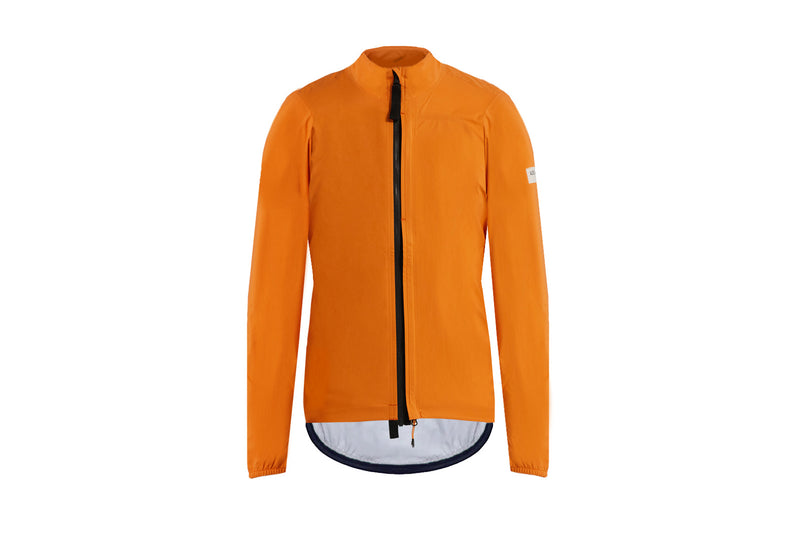 An orange rain jacket with a black zipper