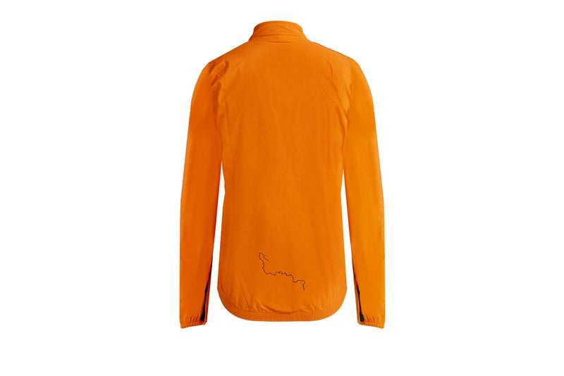 The rear of an orange rain jacket