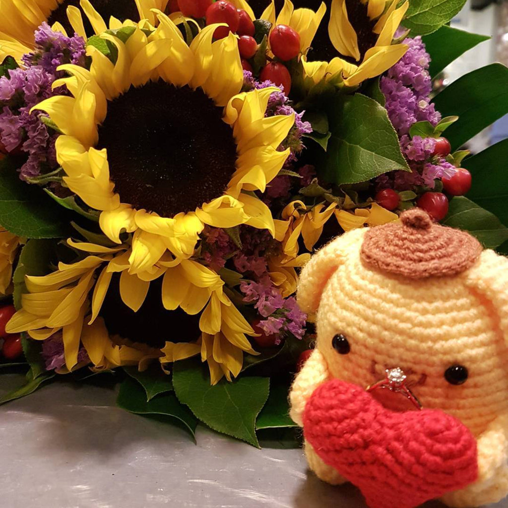 crochet crocheting knit knitting pompompurin amigurumi wedding proposal ring holder