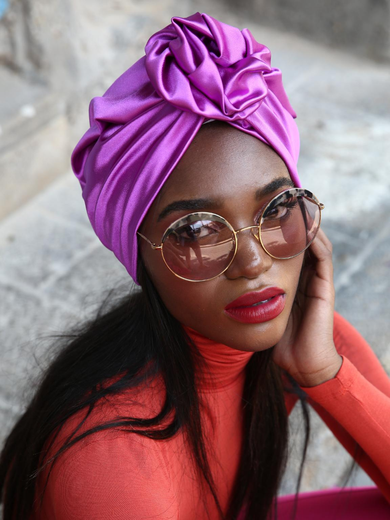 Flower silk Turban in lavender – Rona Hand Made Turbans