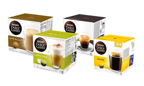 Dolce Gusto coffee pod shown in boxes