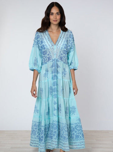 Juliet Dunn Dress Blue / Royal Blue Maxi Dress with Dhaka Print and Trim