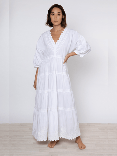 Juliet Dunn Dress White Poplin Maxi Dress w/ Ric Rac Embroidery