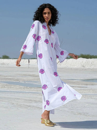 Nimo with Love Dress Blue Opal Kaftan in White / Funky Flower Embroidery