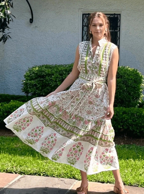 Sue Sartor | Sleeveless Paloma Flounce Dress in Rhubabrb Spearmint Par