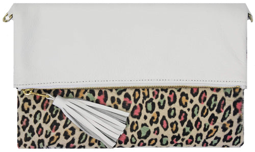Beau & Ro Clutch + Crossbody The Baby Leopard Multi Foldover Clutch + Crossbody Bag | White
