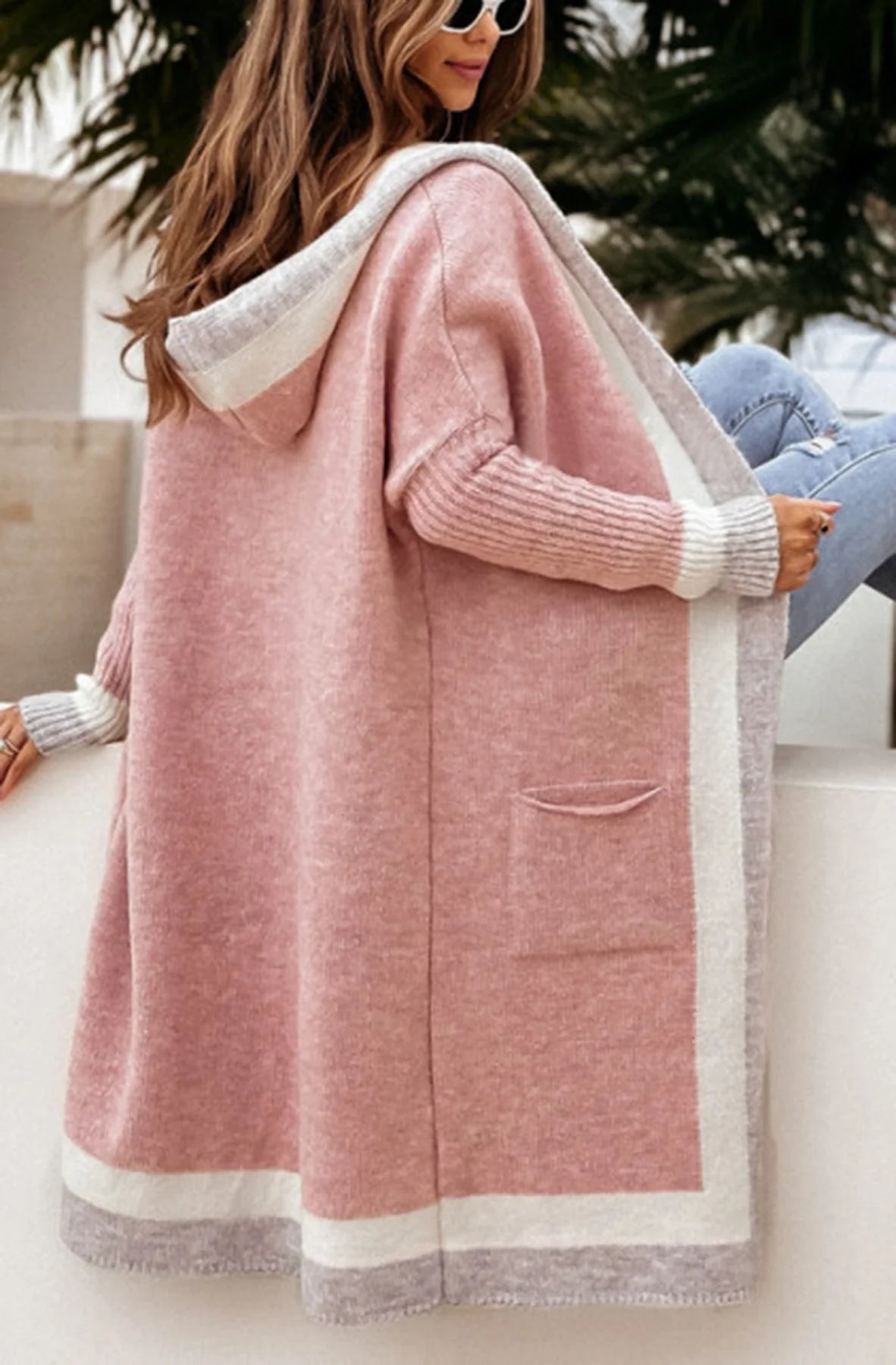 Emily Blush Pink Longline Hooded Colour Block Cardigan