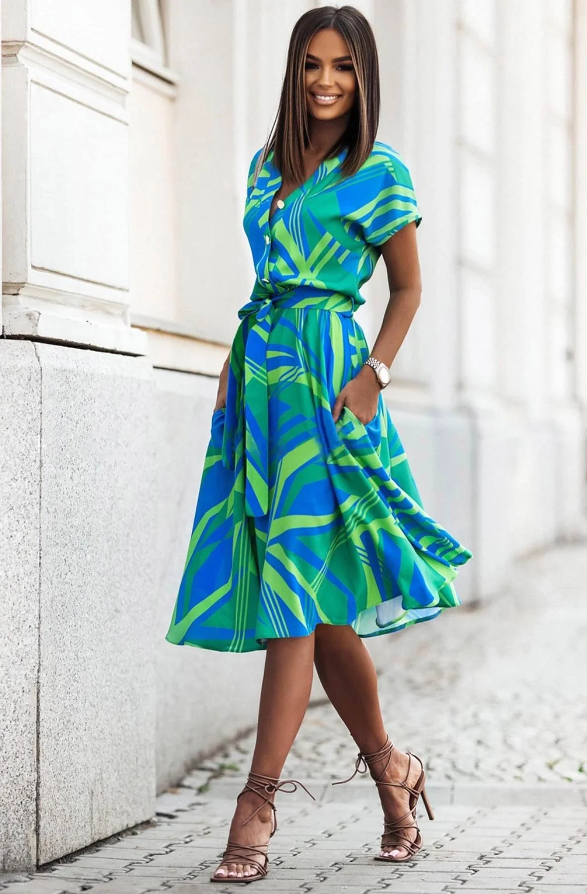 Zoey Green Abstract Print Belted Midi Dress *PRE ORDER 25 MAY APPROX*